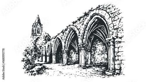 Architectural ruins with arches and a gothic tower depicted in a monochrome line drawing. Vector hand drawn illustration