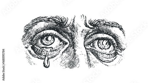 Close-up sketch of a pained eye shedding a tear. Vector hand drawn illustration