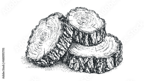 Group of Textured Wood Slices with Detailed Rings and Bark. Vector hand drawn illustration