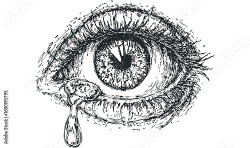 Grayscale ink sketch of a human eye with a teardrop falling. Vector hand drawn illustration