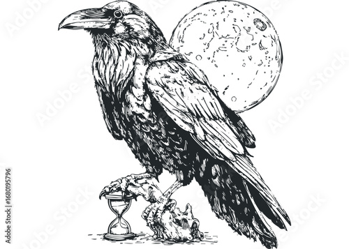 Detailed line art of a raven perched on a rock next to an hourglass with a moon in the background. Vector hand drawn illustration