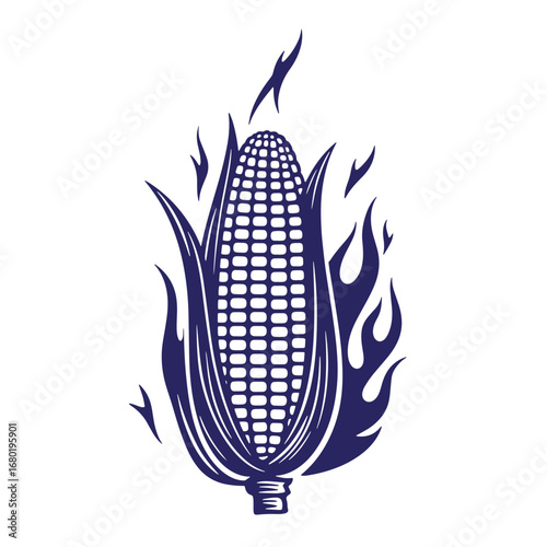 Illustrated corn on the cob surrounded by flames in a bold vintage style