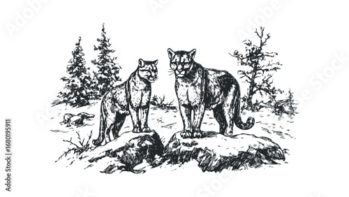 Sketch of two cougars standing on rocks in a forest. Vector hand drawn illustration
