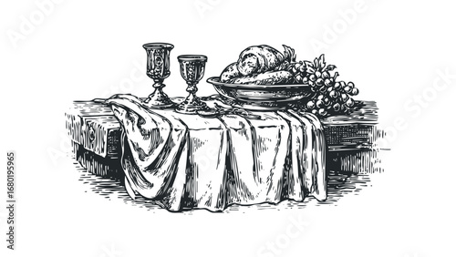 Vintage sketch of food with grapes and goblets on a draped table. Vector hand drawn illustration