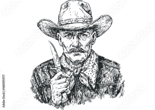 Gritty cowboy holding a knife, drawn in a sketch style. Vector hand drawn illustration