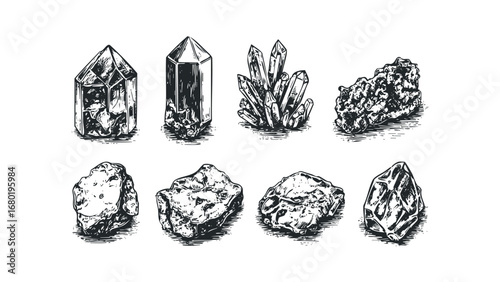 Collection of Various Hand Drawn Rough Mineral Specimens. Vector hand drawn illustration