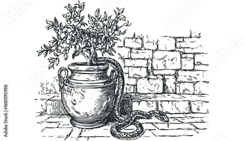 Serpentine vine entwines ornate urn against textured stone wall. Vector hand drawn illustration