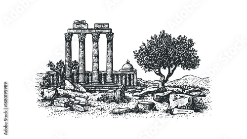 Ancient Roman ruins with columns, dome, and olive tree. Vector hand drawn illustration