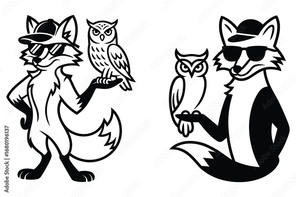 Fototapeta premium Two Foxes Wearing Sunglasses with Owls on Their Hands animals