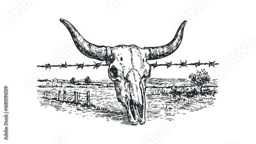 Bovine skull with horns impaled on barbed wire fence in arid landscape. Vector hand drawn illustration