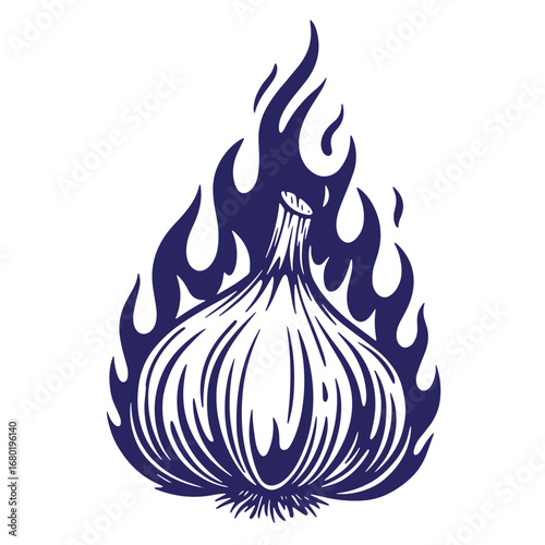 Illustration of a burning onion flame in bold indigo design for graphic usage
