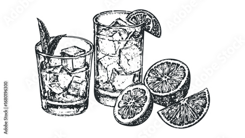 Two glasses of refreshing drinks with ice and lemon slices with mint sprigs on a transparent background. Vector hand drawn illustration