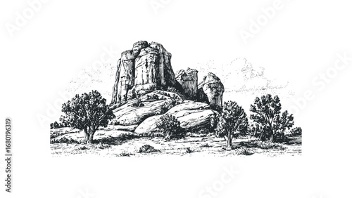 Sketch of rugged rock formations and scattered trees in a dry landscape. Vector hand drawn illustration
