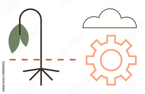 Wilted plant next to a gear and a cloud representing eco-friendly technology, innovation, sustainability, climate change, and growth. Ideal for environment, climate, eco-tech, innovation industry