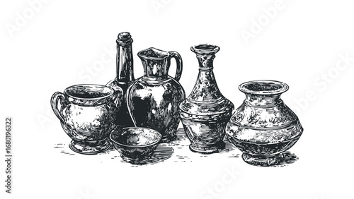 Vintage Ceramic Pottery Collection Isolated on White. Vector hand drawn illustration