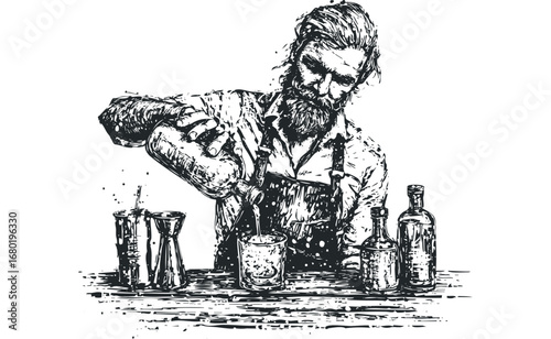 Bearded man pouring liquid from bottle into glass with bar tools and bottles. Vector hand drawn illustration