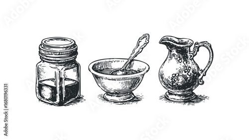 Inkwell, bowl with spoon, and pitcher etching on white. Vector hand drawn illustration