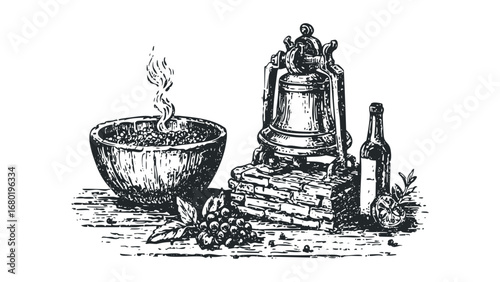 Antique Bell with Grapes, Bottle and Steaming Bowl of Food. Vector hand drawn illustration
