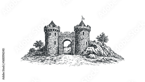 Intricate sketch of medieval castle gatehouse with turrets and open wooden doors. Vector hand drawn illustration