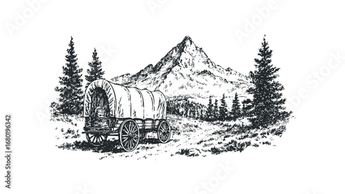Covered Wagon Journey Through Wilderness With Mountain Scenery. Vector hand drawn illustration