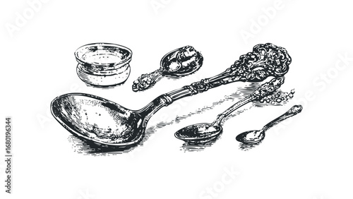 Collection of intricately designed antique spoons and serving dish image. Vector hand drawn illustration