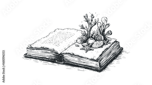 Vintage open book with nautical treasures and coral on white background. Vector hand drawn illustration