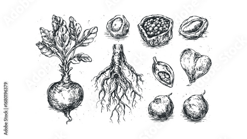 Hand Drawn Botanical Illustrations of Root Vegetables and Seed Pods. Vector hand drawn illustration