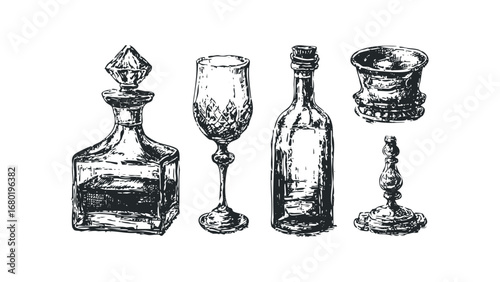 Set of vintage glassware and bottles on a white background. Vector hand drawn illustration