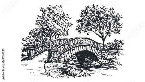 Arch stone bridge with trees and water crossing. Vector hand drawn illustration