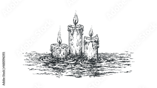Ink drawing of three burning candles with dripping wax on a textured surface. Vector hand drawn illustration