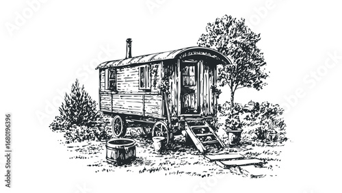 Sketch of a Gypsy Wagon with Wooden Steps and Trees. Vector hand drawn illustration
