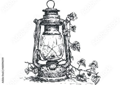 Sketchy antique oil lantern entwined with ivy vines on transparent background. Vector hand drawn illustration