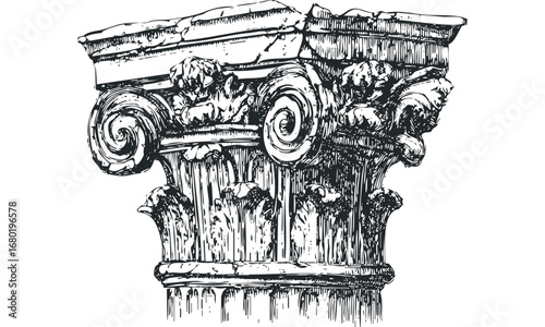 Intricate Ionic Column Capital with Acanthus Leaves and Scrolls. Vector hand drawn illustration