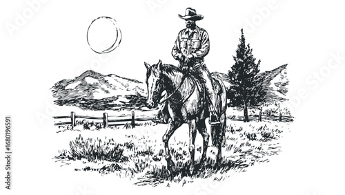 Man riding horse in a meadow with mountains and sun sketch. Vector hand drawn illustration