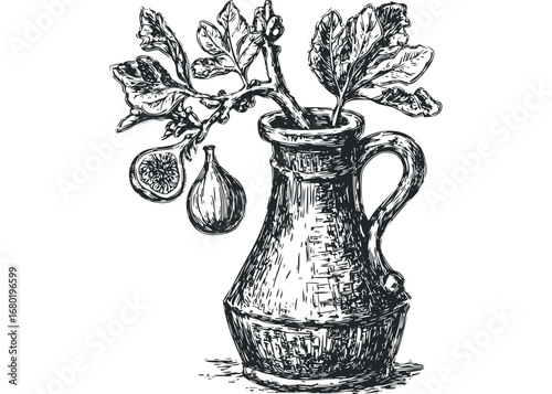 Ink drawing of fresh figs with leaves in a rustic pitcher. Vector hand drawn illustration