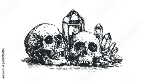 Two human skulls with surrounding quartz crystals and rocks on transparent background. Vector hand drawn illustration