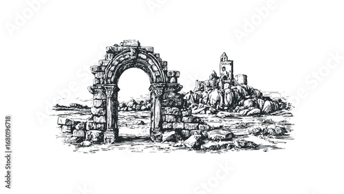 Sketch of ancient stone ruins with a tower on a rocky island. Vector hand drawn illustration