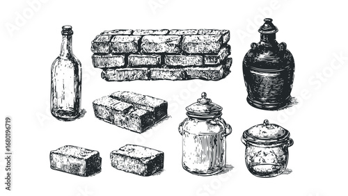 Vintage drawing of assorted pottery vessels and bricks on a white background. Vector hand drawn illustration