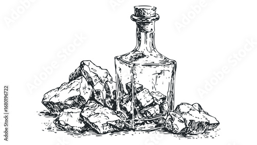 Ink sketch of assorted rocks and a glass bottle with cork stopper. Vector hand drawn illustration