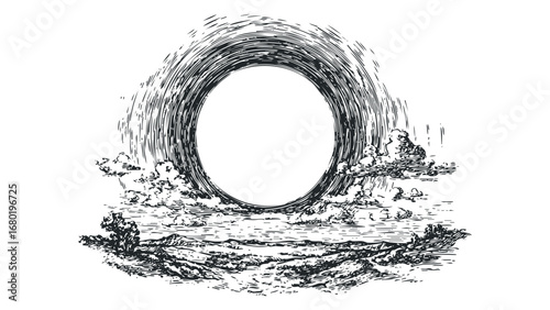 Detailed sketch of a cosmic portal opening above a scenic landscape. Vector hand drawn illustration