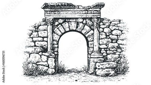 Ancient Stone Archway With Cracked Column and Overgrown Grass in Sketch Style. Vector hand drawn illustration