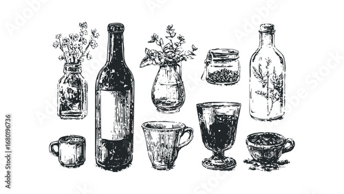 Hand drawn ink sketch of assorted beverage containers and botanical elements. Vector hand drawn illustration