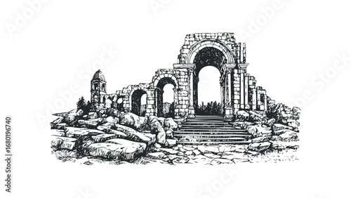 Hand drawn ancient stone ruins with grand archways and a small dome on a hill. Vector hand drawn illustration