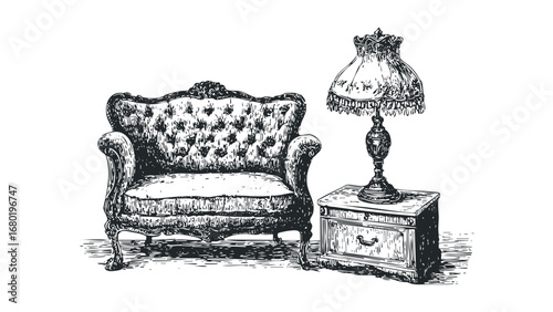 Ornate vintage armchair and table lamp sketched on transparent background. Vector hand drawn illustration