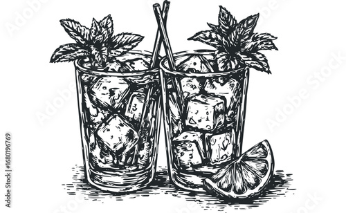 Two iced beverages with mint and lemon garnish on transparent background. Vector hand drawn illustration