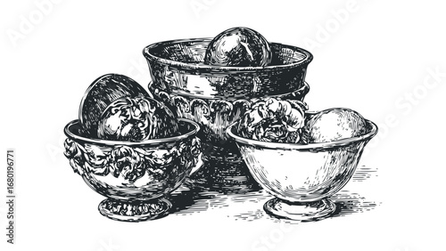 Ornate bowls with scoops of frozen dessert and whole fruit. Vector hand drawn illustration