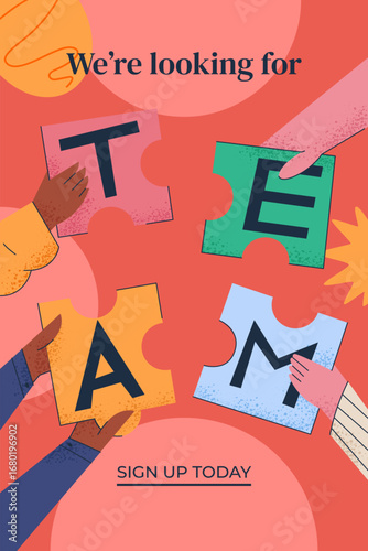 Diverse hands assemble puzzle pieces spelling TEAM, a bright hiring message that highlights collaboration and inclusion.