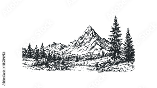 Hand drawn sketch of majestic mountain range with pine trees and river. Vector hand drawn illustration
