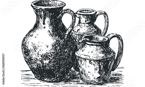 Hand-drawn sketch of three clay jugs with handles on a surface. Vector hand drawn illustration