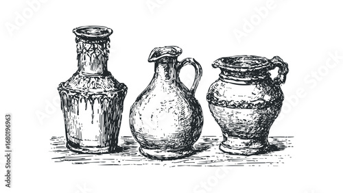 Three vintage ceramic jugs and bottles drawn with textured ink lines. Vector hand drawn illustration